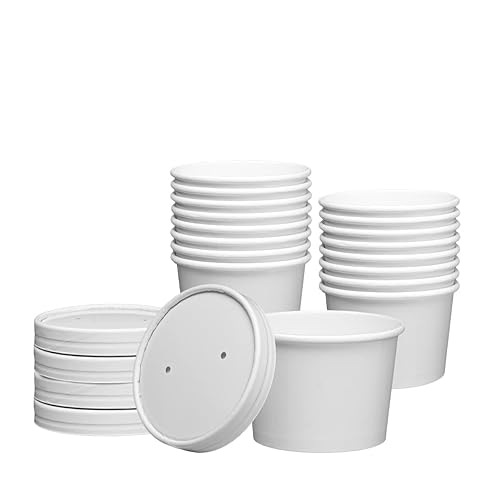 GUSTO 8 oz. White Paper Food Containers with Vented Lids [25 Count] To Go Hot Soup Bowls, Disposable Ice Cream Cups, Ideal for Hot and Cold Foods