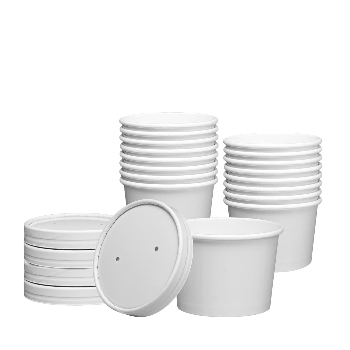GUSTO 8 oz. White Paper Food Containers with Vented Lids [25 Count] To Go Hot Soup Bowls, Disposable Ice Cream Cups, Ideal for Hot and Cold Foods