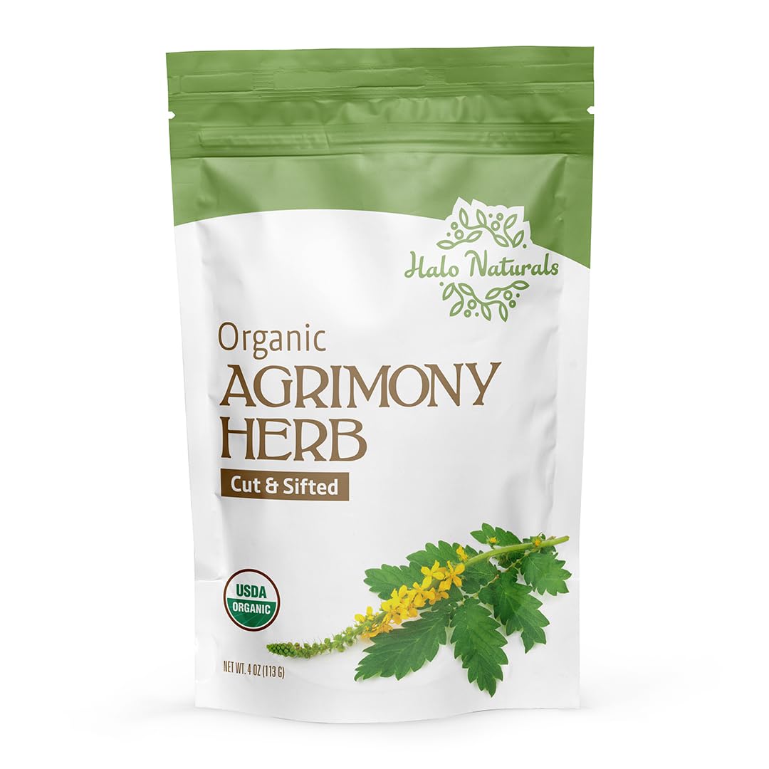 Halo Naturals Organic Agrimony Herb Cut & Sifted, 4 Ounces (Agrimonia eupatoria) USDA Certified | Resealable Pouch| Packaged in The USA