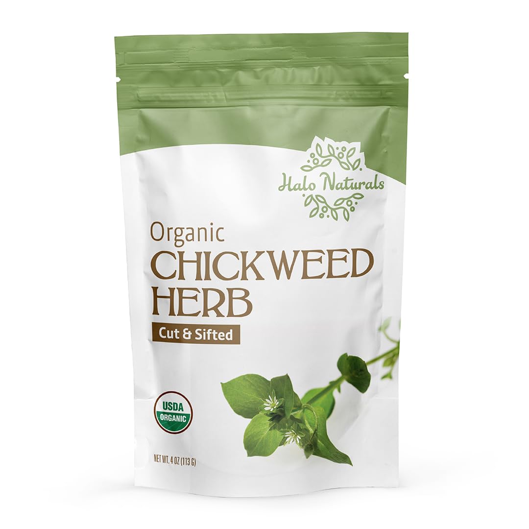 Halo Naturals Organic Chickweed Herb Cut & Sifted, 4 Ounces (Stellaria media) USDA Certified | Resealable Pouch| Packaged in The USA