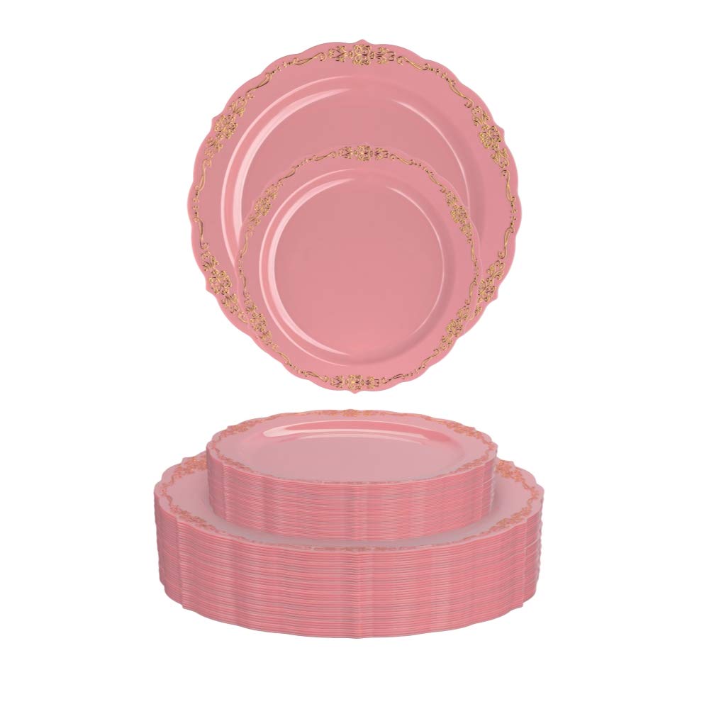 Exquisite 60 Pcs Disposable Plastic Plates | Victorian Design Premium Disposable Plates | 9 inch. Pink & Gold China Like Plastic Plates For Parties