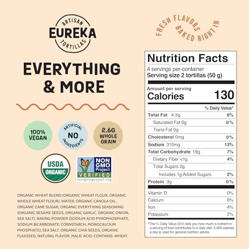 Eureka Tortilla Organic Everything & More Flour Tortillas | Organic Artisanal Tortillas | 6” Mini Wrap Whole Grains | Vegan, Non-GMO, Low Calorie | (9