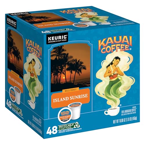 Kauai Coffee K-Cup Pods for Keurig Brewers - Arabica Coffee, 10% Hawaiian - Mild Roast, Light with Bright Aroma - Island Sunrise, 1 Pack of 48 Single