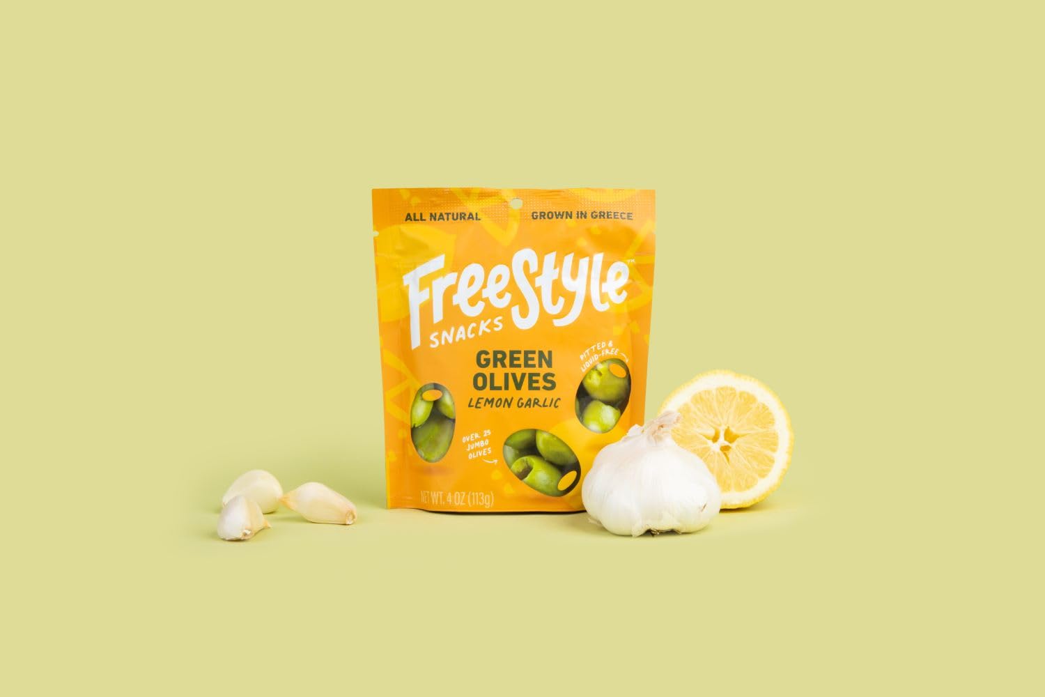 Freestyle Snacks, Olives Green Lemon Garlic, 4 Ounce
