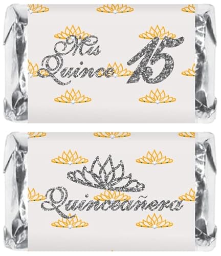 Mis Quince Miniature Candy Bar Wrapper, Quinceanera Mini Chocolate Bar Stickers for 15 Birthday Party, Table Top Event Decorations, (Set of 60) Candy