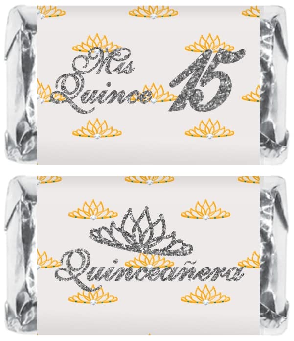 Mis Quince Miniature Candy Bar Wrapper, Quinceanera Mini Chocolate Bar Stickers for 15 Birthday Party, Table Top Event Decorations, (Set of 60) Candy