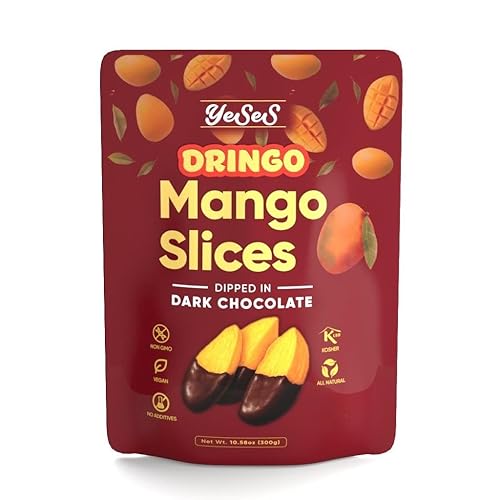 Mango Slices Dipped in Dark Chocolate Dringo Yeses - Premium Dried Mango Snack, Non-GMO, Vegan, Kosher, All-Natural, No Additives, 10.58 oz (300g)
