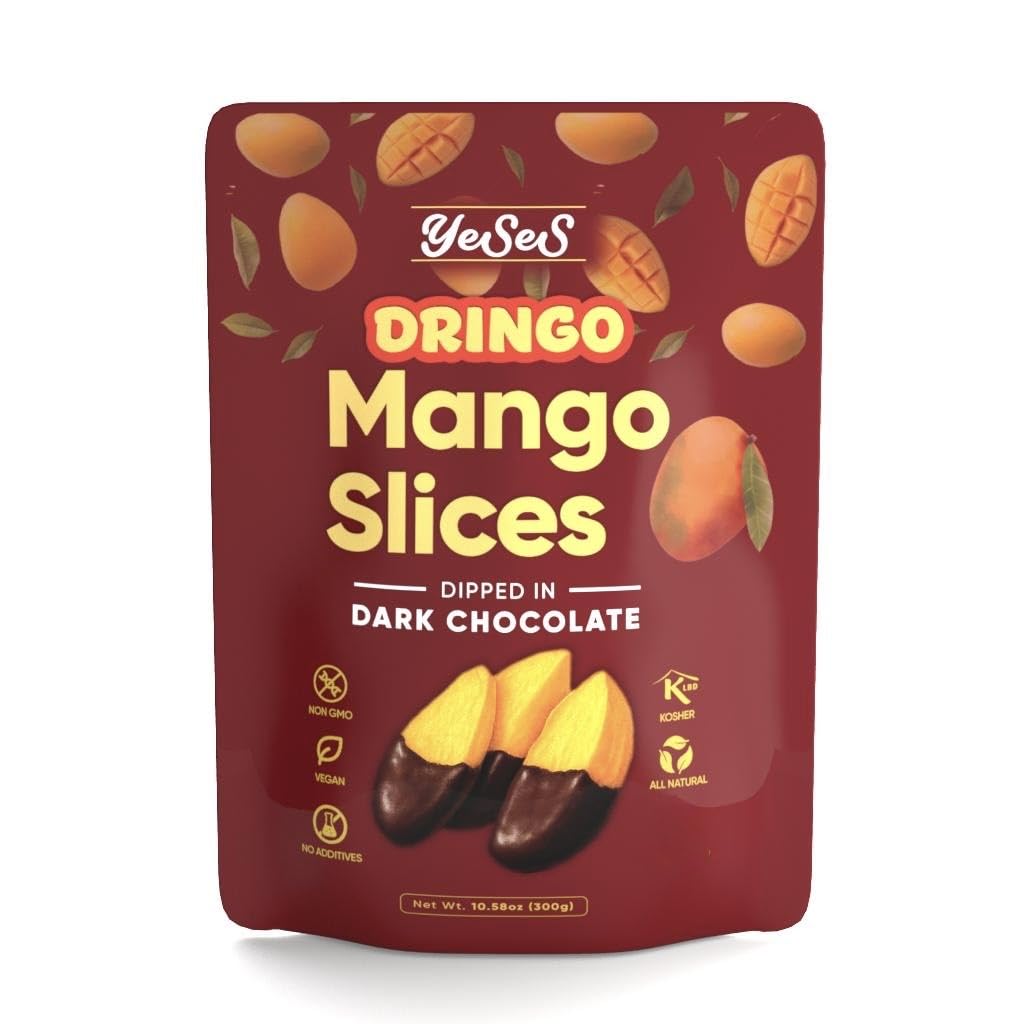 Mango Slices Dipped in Dark Chocolate Dringo Yeses - Premium Dried Mango Snack, Non-GMO, Vegan, Kosher, All-Natural, No Additives, 10.58 oz (300g)