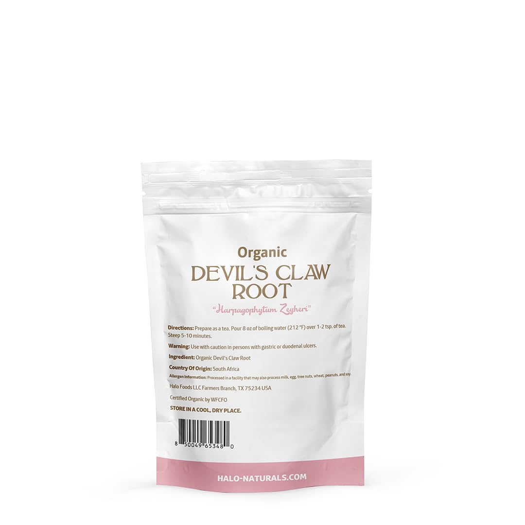 Halo Naturals Organic Devil's Claw Root Cut & Sifted, 4 Ounces (Harpagophytum zeyheri) USDA Certified | Resealable Pouch| Packaged in The USA
