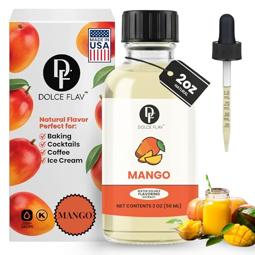 Dolce Flav Mango Extract - 2 Ounce Water-Soluble Multipurpose Flavoring Ideal for Baked Goods, Beverages, Coffee, Desserts & Ice Cream - Mango Essence