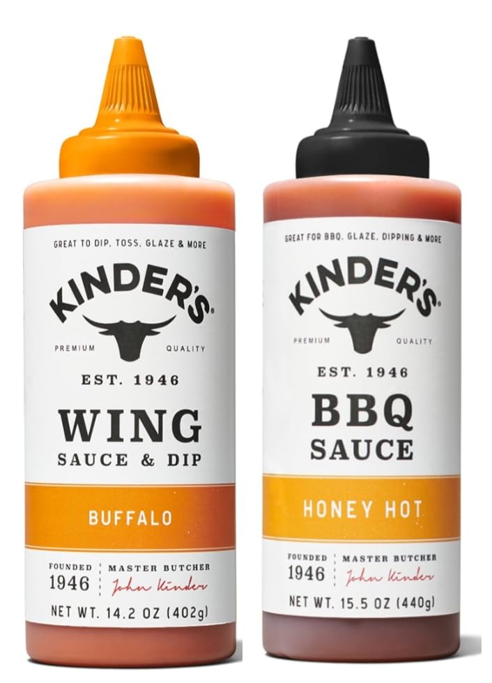 Buffalo buttery Wing Sauce 14.2oz, kinders And Honey Hot BBQ Sauce 15.5oz, kinders,