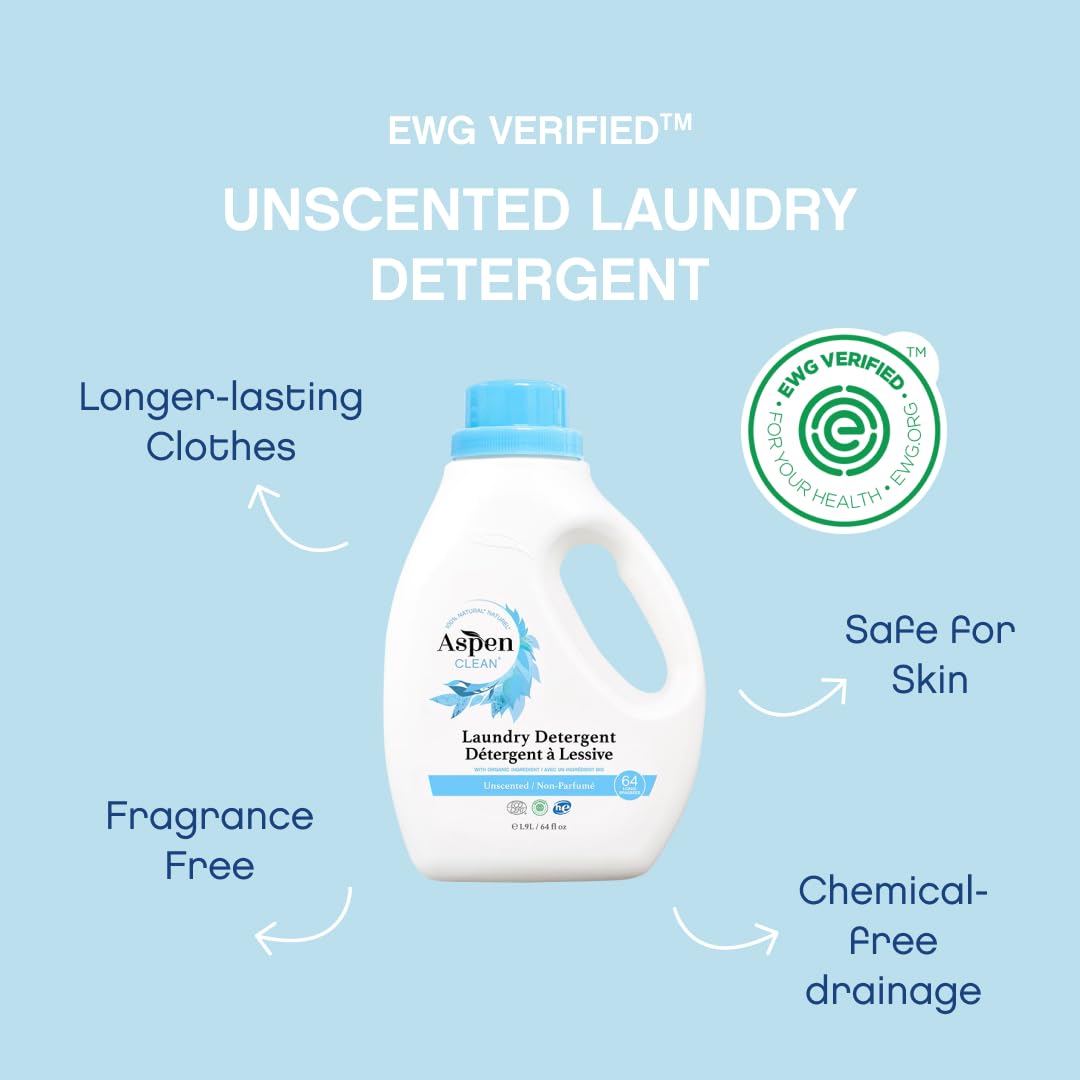 AspenClean | HE Liquid Laundry Detergent | Unscented | Non - Toxic | Natural | EWG Verified | Safe for Babies, Pets & Kids | 64 fl oz (2-pack)