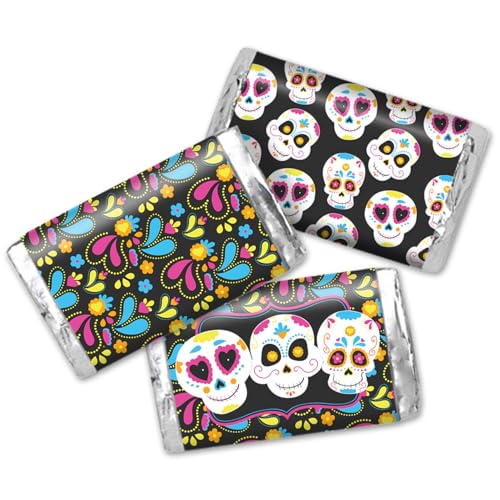 Sugar Skull Day of The Dead, Dia De Los Muertos Halloween Themed Mini Chocolate Candy Bar Sticker Wrappers, 45 1.4" x 2.6" Wrap Around Labels by