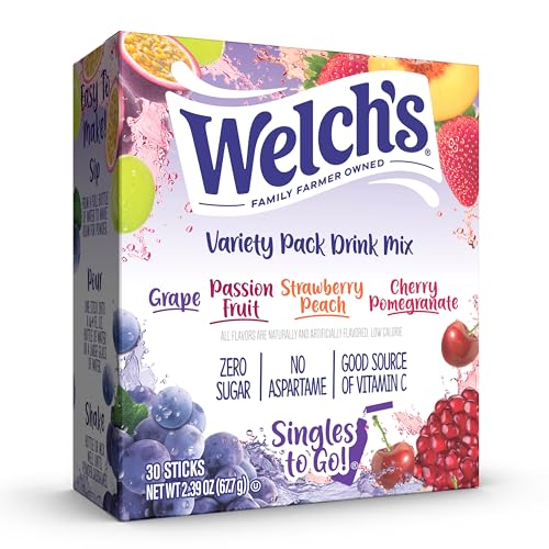 Welch's Singles To Go Variety Pack, Watertok Powdered Drink Mix, Includes 4 Flavors, Grape, Passion fruit, Strawberry Peach, Cherry Pomegranate, 1 Box
