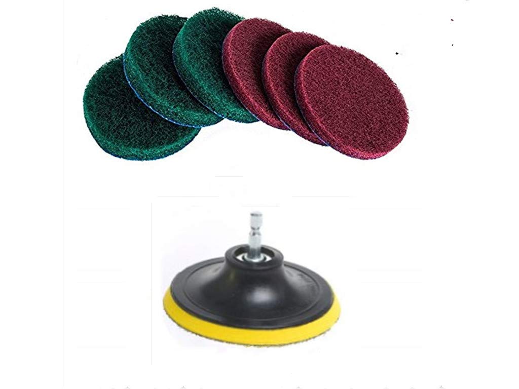 DUOSHIDA 5 Inch Drill Powered Brush Tile Scrubber Scouring Pads Cleaning Kit, 2 Different Stiffness, 5-Inch Disc Pad Holder with 6 Scrubbing Pads