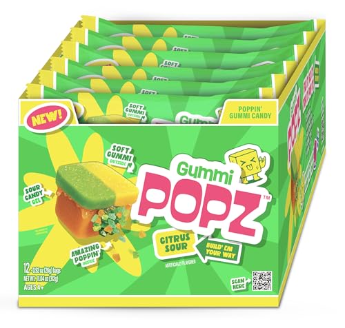Gummi Popz Popping Gummy Candy, Citrus Sour - Individually Wrapped, 12 Pack (1.8 oz Each) - Party Candy & Party Favors for Birthdays, Holidays