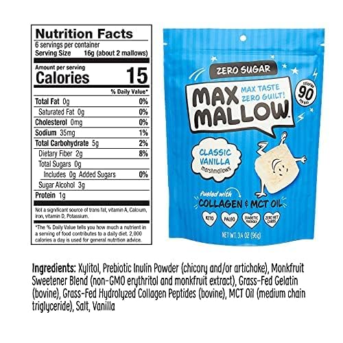 Max Mallow Sugar Free Marshmallows - Keto Friendly, Perfect for S'mores, Hot Chocolate, and Baking with Zero Sugar Snacks, Smores Mct Oil Zero Sugar