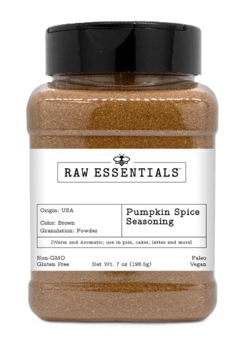 Raw Essentials Pumpkin Spice Seasoning | 7 oz Bottle | Warm & Aromatic Blend for Pies, Cakes, Lattes & More | Non-GMO, Gluten-Free, Paleo, Vegan