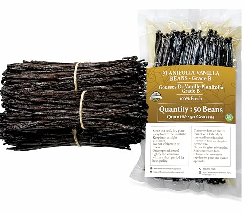 50 Vanilla Beans Grade B for Making Vanilla Extract, Vanilla Beans Bulk for Extract Grade 5 inches, Perfect for Homemade, baking and cooking. (50
