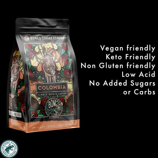 Bones Coffee Company Colombia Single-Origin Coffee, Almonds, Dried Fruit, Vanilla Notes, Flavored Ground Coffee, Medium Roast Low Acid Arabica Beans