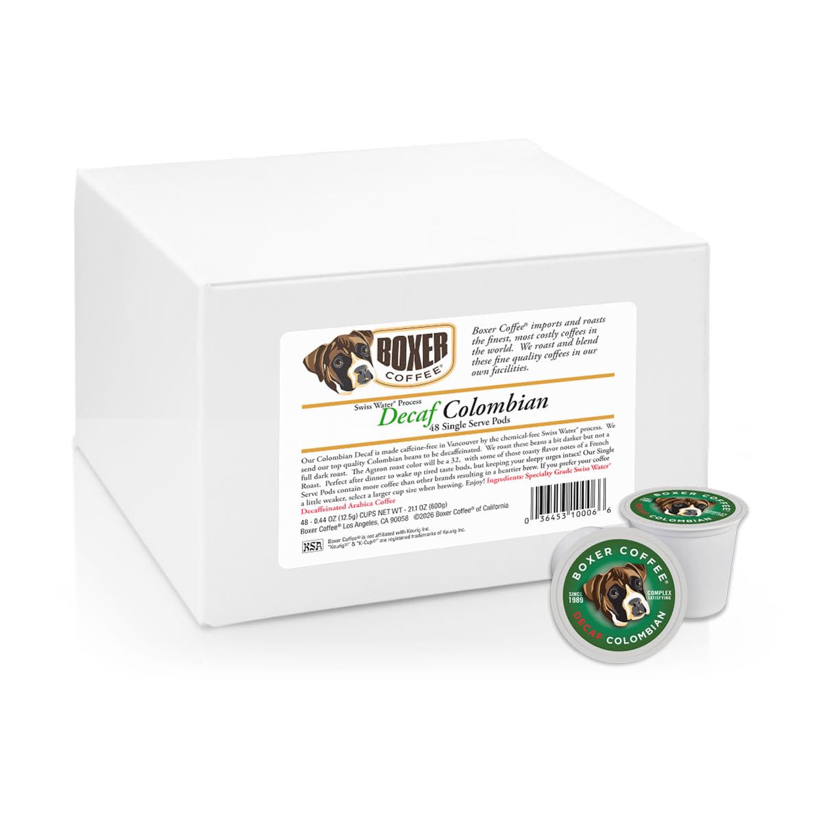 Boxer Coffee 48ct Decaf Colombian - Single-Origin, Swiss Water Process Medium Roast Coffee Pods - Specialty Grade, Artisan Single-Serve Cups
