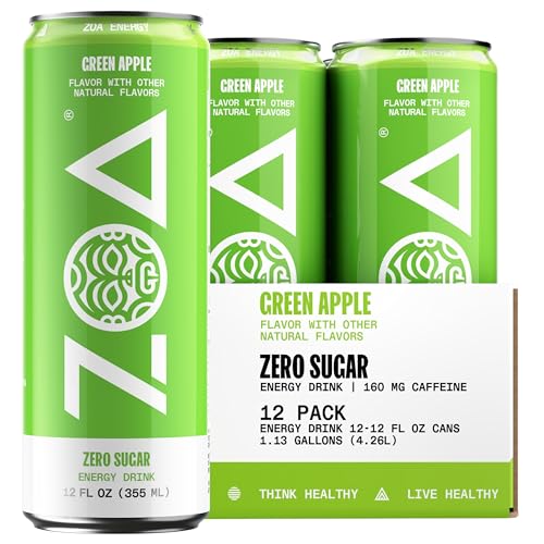 ZOA GREEN APPLE Sugar Free, Low Calorie Energy Drinks | Healthy B & C Vitamins | Electrolytes for Hydration | 160mg Caffeine from Green Tea | 12 Fl Oz