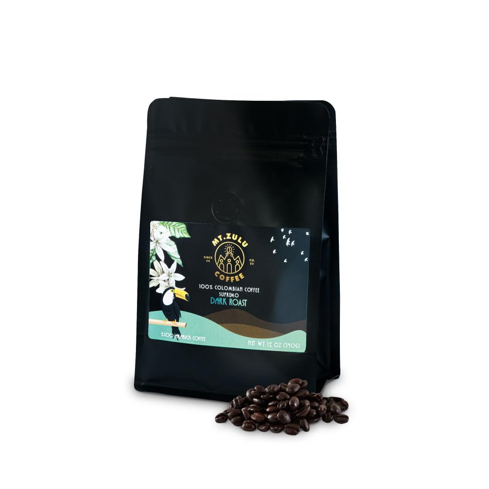 Mt. Zulu Colombian Supremo Dark Roast Coffee - Whole Bean, Single Origin from Caldas, Bold & Smooth, Low Acid, Artisanally Roasted - 12 oz Bag