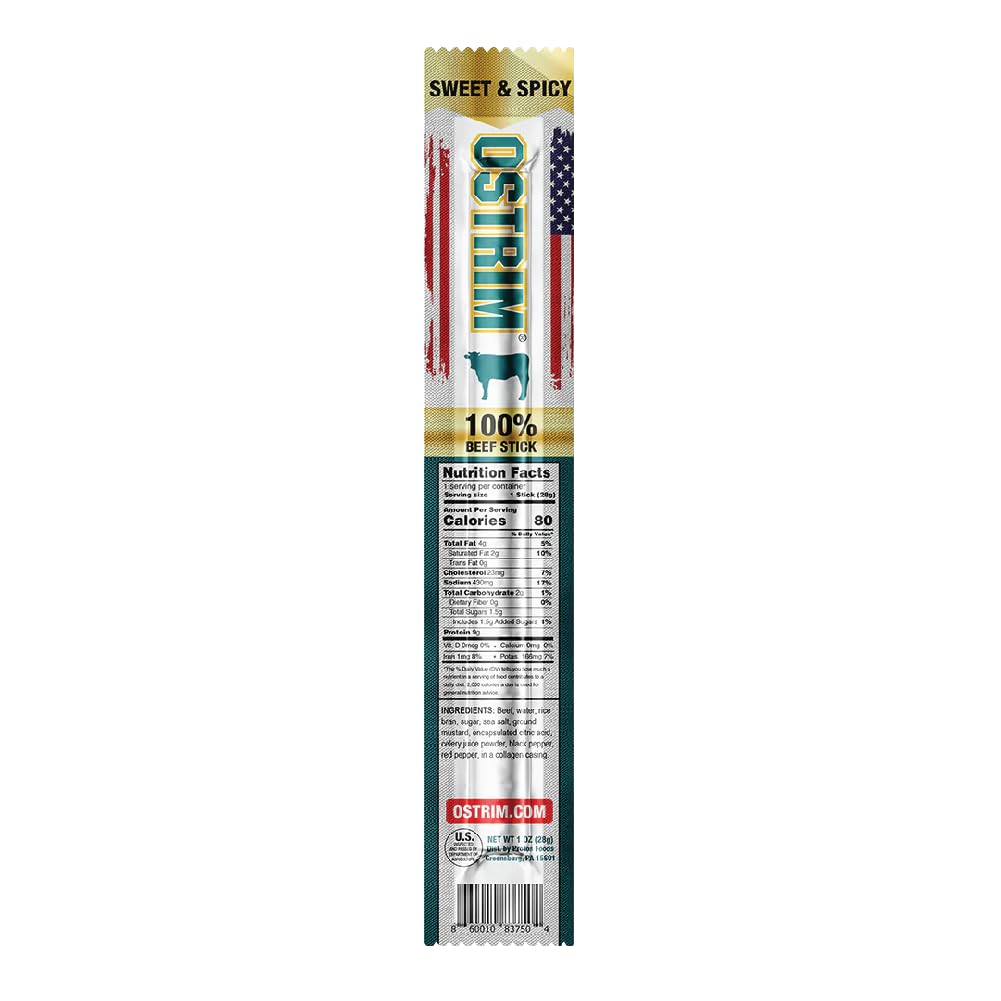 Ostrim Beef Snack Sticks, 1oz, High Protein, Keto & Paleo Friendly, Sugar Free, Gluten Free, No MSG, No Nitrates (Pack of 12) (1 oz, Sweet & Spicy)