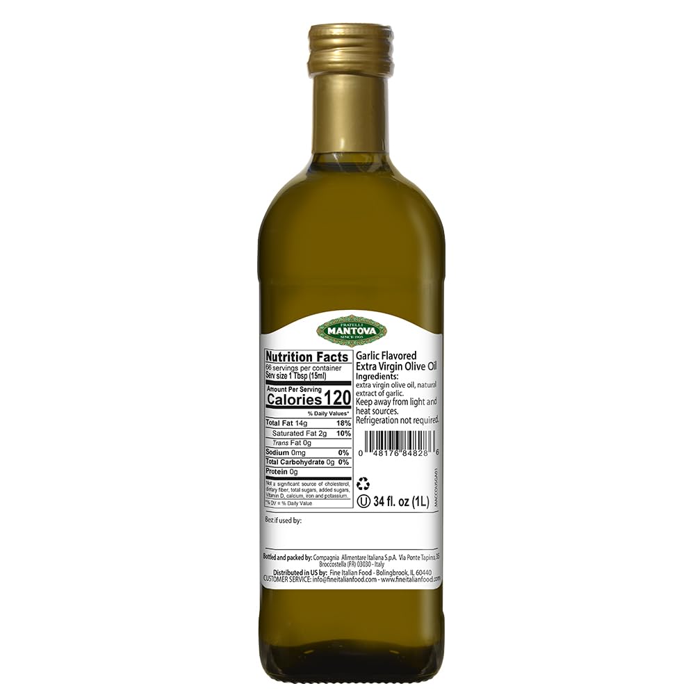 Mantova Garlic Extra Virgin Olive Oil (EVOO), Cold-Pressed and Imported from Italy 34 oz Glass Bottle - Flavorful Topping for Salads, Vegetables, and Pasta Dishes - Ideal for Dipping Italian Bread or Pan Frying - Convenient and Versatile (Pack of 2)