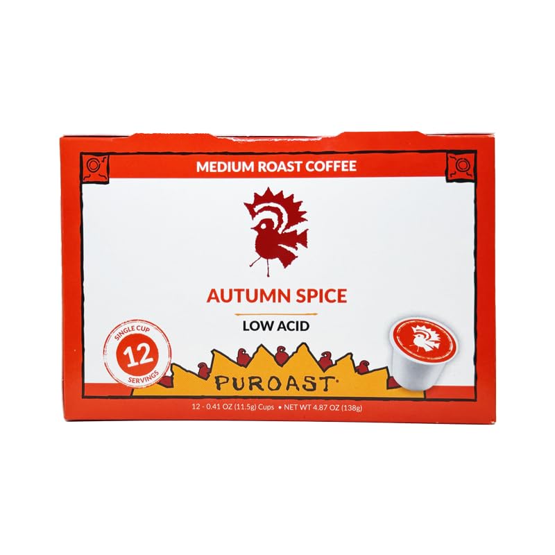 Puroast Low Acid Autumn Spice Flacvored Coffee Pods 12 Count - 5X Less Acid, 5X Higher Antioxidants, Smooth Seasonal Flavored Coffee, K-Cup