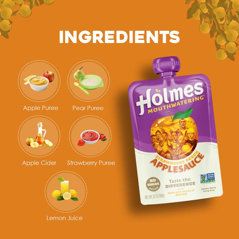 Holmes Mouthwatering Applesauce, Applesauce Squeeze Pouch, Organic Strawberry Applesauce Pouches with Real Chunks of Fruit, No Artificial Flavors