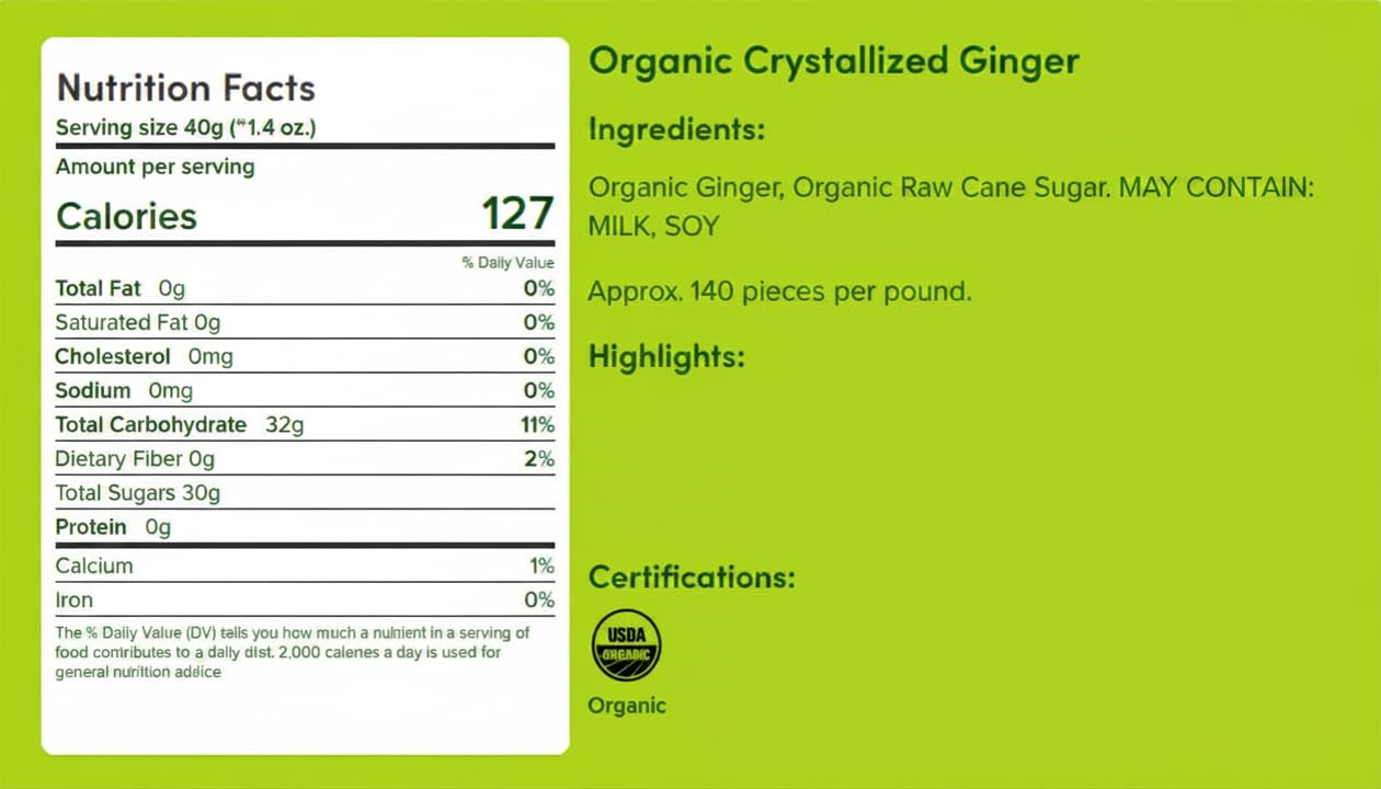 Nuts com Organic Crystallized Ginger - Premium Crystallized Ginger Pieces - Spicy & Sweet Candied Ginger Crystals - Dried Ginger Chunks, Root