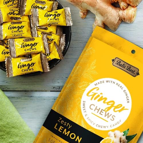 Bali's Best Ginger Chews, Zesty Lemon Flavor, 5.08 Oz, Individually Wrapped Soft Candy, Made with 100% Real Ginger, Digestive Health Support, Upset
