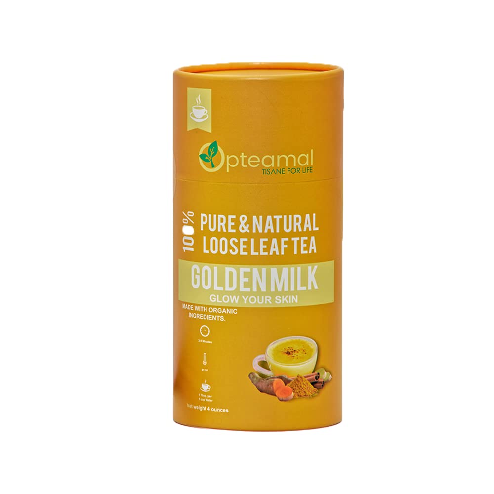 Opteamal Organic Golden Milk Loose Leaf Tea - Caffeine Free Loose Leaf Tea - Organic Golden Milk Tea with Pepper, Cardamom, Turmeric, Ginger, Clove