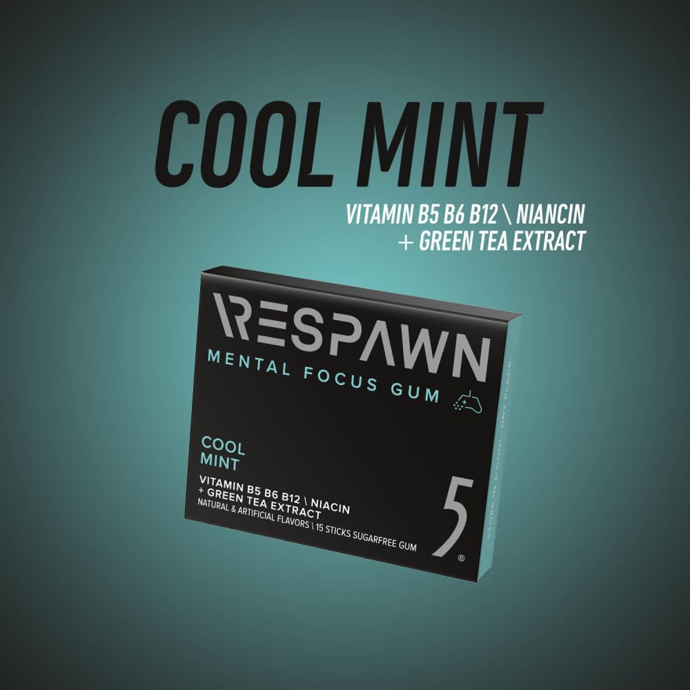 RESPAWN by 5 GUM Mental Focus Gum, Cool Mint Sugar Free Chewing Gum, 15 Sticks