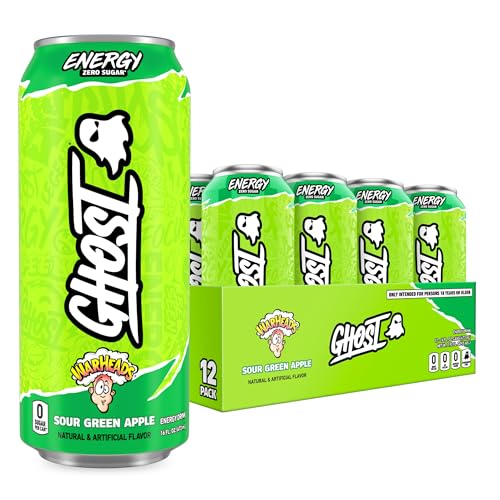 GHOST Energy Drink - 12-Pack, Warheads Sour Green Apple, 16oz - Energy & Focus & No Artificial Colors - 200mg of Natural Caffeine, L-Carnitine