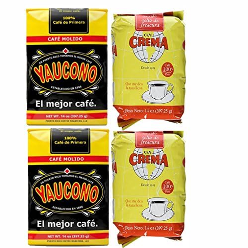 Yaucono & Cafe Crema Puerto Rican Ground Coffee Bundle - 4 Bags Total (2 x 14 oz Yaucono, 2 x 14 oz Cafe Crema) - Medium Roast, Traditional Grind