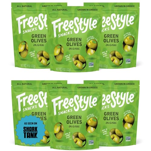 Freestyle Snacks Olive Snack Packs - As Seen on Shark Tank - Fresh Pitted Green Olives, Jumbo-Sized, Grown in Greece, All Natural, Non-GMO