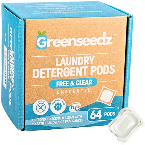 Laundry Detergent Pods Free & Clear, Unscented, 64 Count, Eco Friendly, Biodegradable, HE Compatible, Powerful Stain & Odor Removal