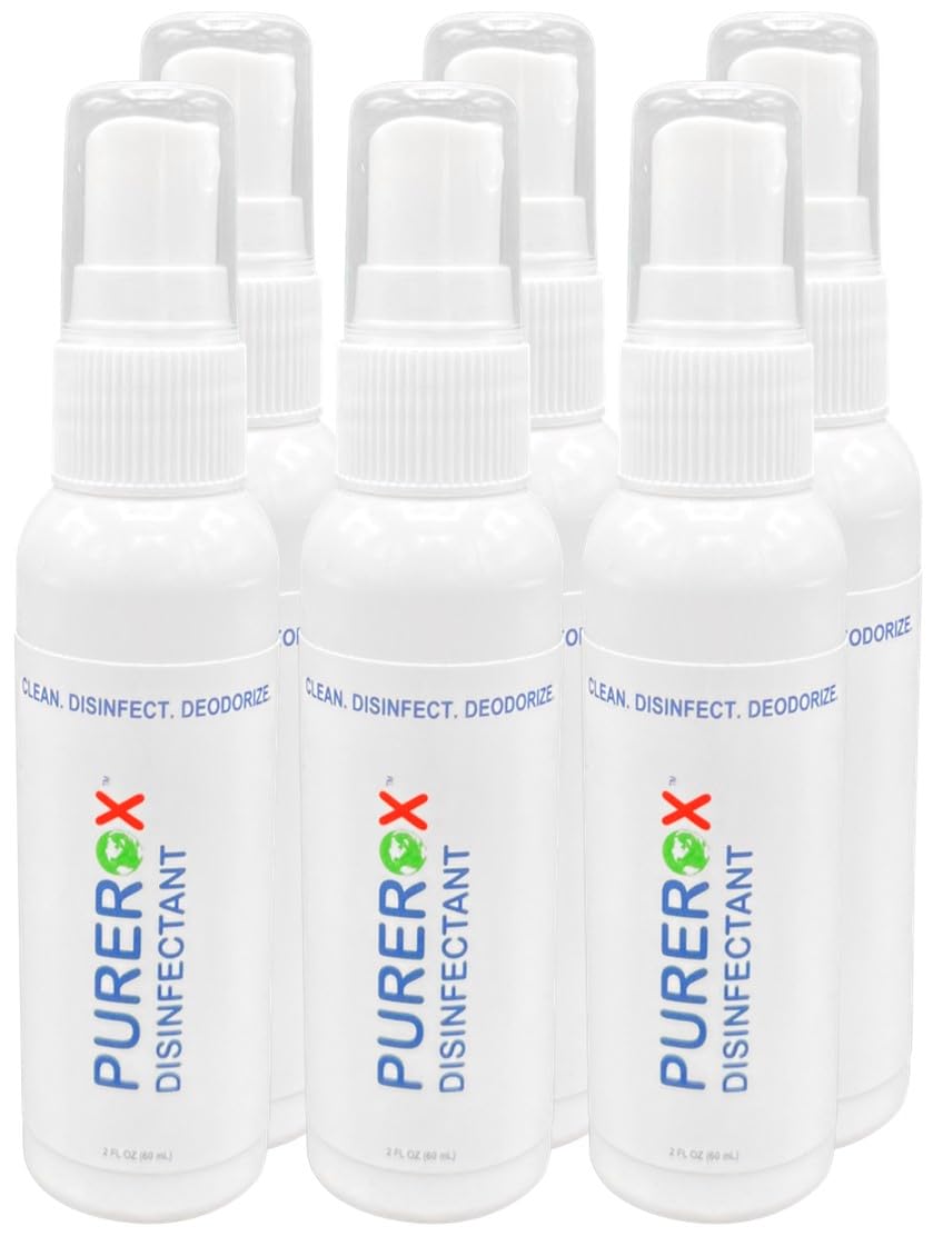 PUREROX disinfectant (2oz, 6pk) TSA Approved travel size. Eliminate 99.9999% viruses Norovirus, MRSA, Fungus, Bacteria. Hospital Grade. Safe for Use