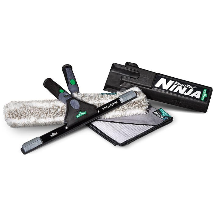 Unger Commercial ErgoTec Advanced Window Cleaning Ninja Kit 4-in-1 - Squeegee, Scrubber, Tool Holder, Microfiber Cloth - Professional Indoor/Outdoor