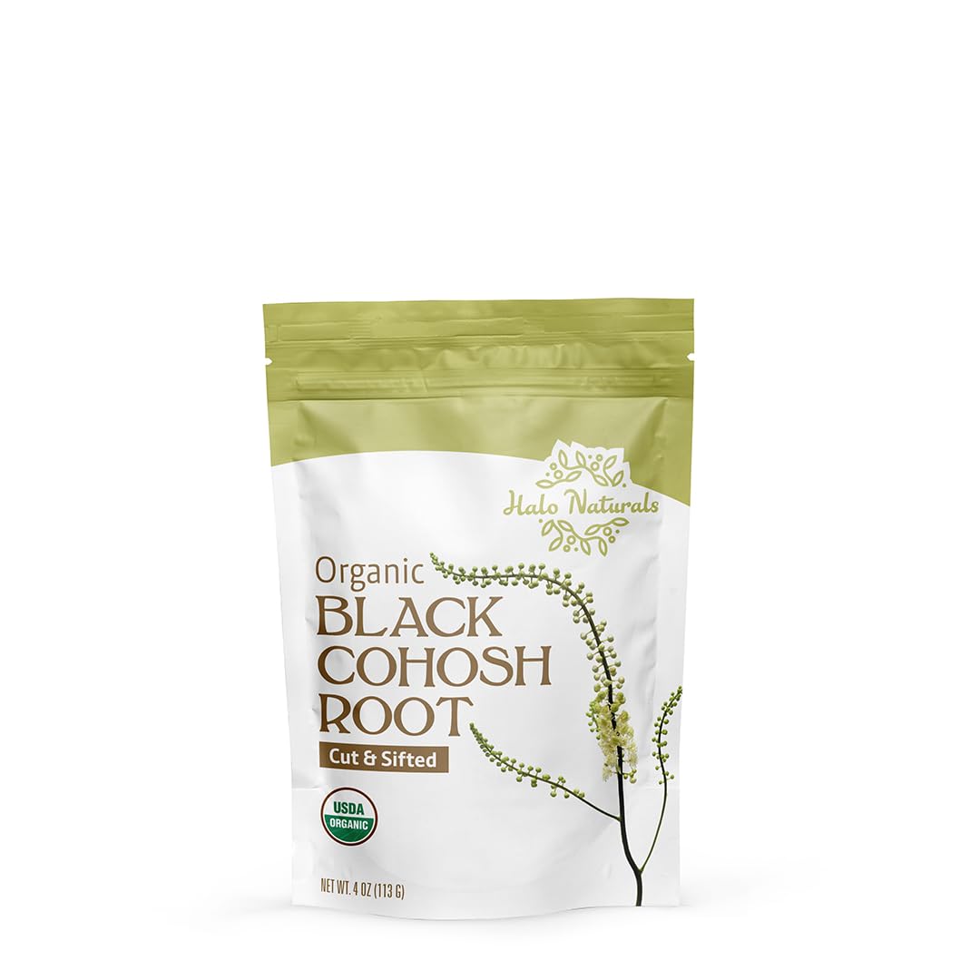 Halo Naturals Organic Black Cohosh Root Cut & Sifted, 4 Ounces (Cimicifuga racemosa) USDA Certified | Resealable Pouch| Packaged in The USA