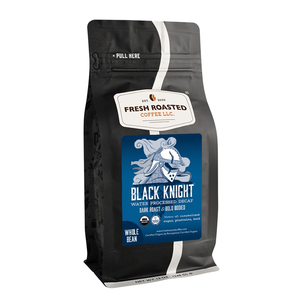 Fresh Roasted Coffee, Organic Black Knight Water-Processed Decaf Whole Bean Coffee, Dark Roast, USDA Organic, Kosher, 12 oz