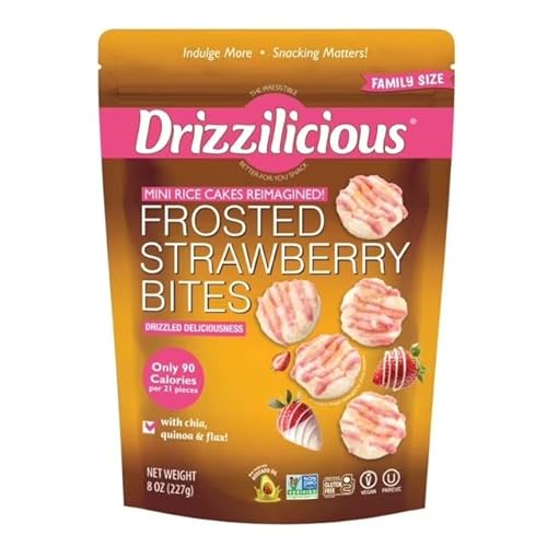 Drizzilicious Frosted Strawberry Bites, Mini Rice Cakes, with Chia Quinoa & Flax, 90 Calories, Family Size, 8 oz 1 Bag