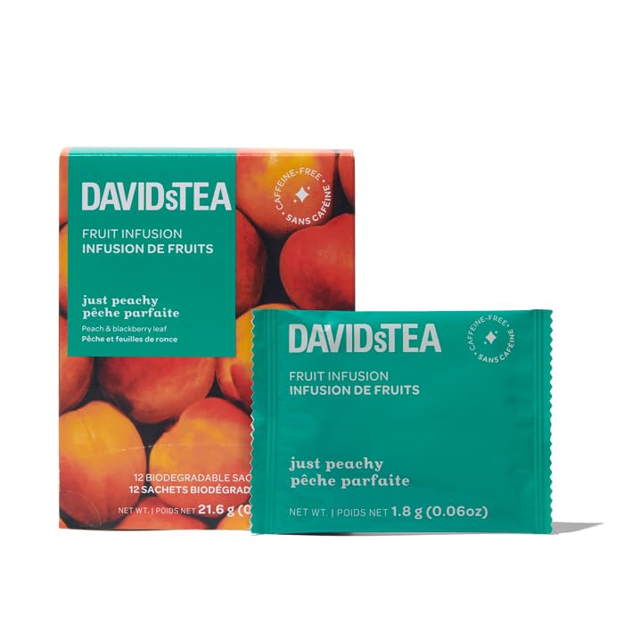 DAVIDsTEA Just Peachy - Loose Leaf Caffeine?Free Herbal Tea with Real Peach - 12 Count - Sweet, Fruity & Refreshing Peach Tea Blend Perfect for Iced