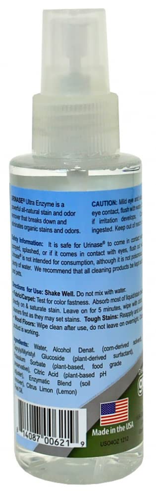 URINASE Ultra Enzyme Formula Stain & Odor Remover Spray, Carpets & Rugs, Hardwood & Furniture, Crates & Litter Boxed, Non-Toxic, Urine Destroyer, 4 oz