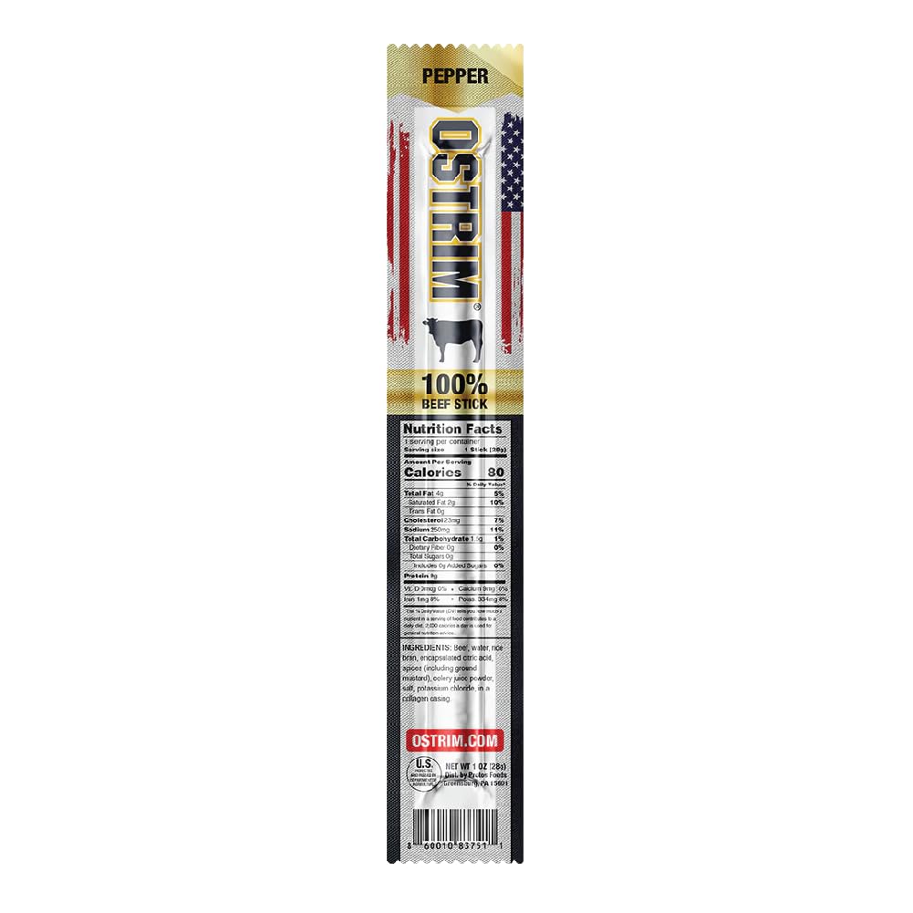 Ostrim Beef Snack Sticks, 1oz, High Protein, Keto & Paleo Friendly, Sugar Free, Gluten Free, No MSG, No Nitrates (Pack of 12) (1 oz, Pepper)