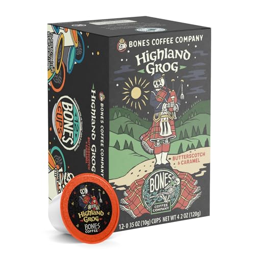 Bones Coffee Company Flavored Coffee Bones Cups Highland Grog Butterscotch Caramel | 12ct Single-Serve Coffee Pods Compatible with Keurig 1.0 & 2.0