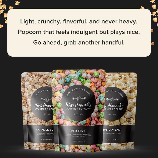 Miss Hannah's Gourmet Popcorn Starter Pack - Sea Salted Brulee, Bridge City Mix, Pickles & Popcorn - Non-GMO, Sweet & Savory Snack Box for Gifting or