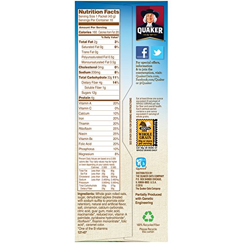 Quaker Instant Oatmeal, Apples & Cinnamon, Breakfast Cereal, 15.1 Ounce, (Pack of 4)